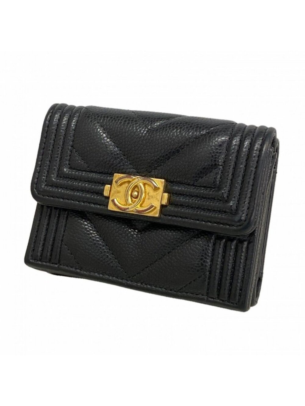 Chanel Trifold Wallet Boy Caviar Leather Black Gold